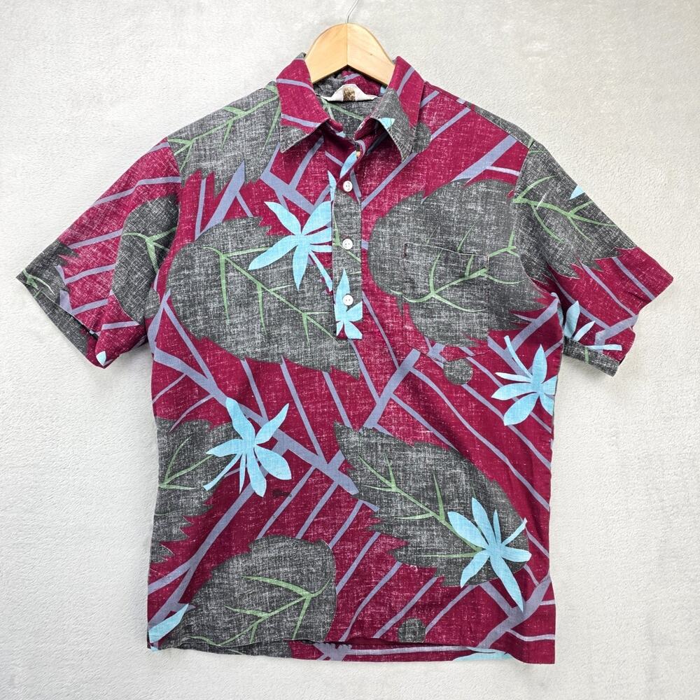 Vtg Tropicana Hawaiian Shirt Medium 70s Floral BarkCloth Polynesian Tiki *FLAWS*